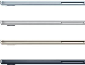 Four MacBook Air laptops showing colours available: Sky Blue, Silver, Starlight and Midnight
