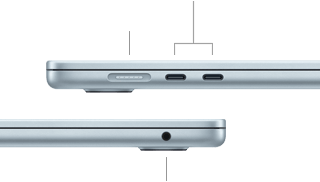 Side views of MacBook Air showing ports: MagSafe and two Thunderbolt 4 ports on left side, headphone jack on right side