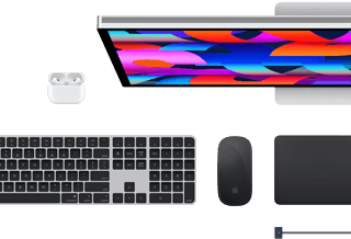 Mac accessories: AirPods, Studio Display, Magic Keyboard, Magic Mouse, Magic Trackpad, MagSafe charge cable in Midnight color