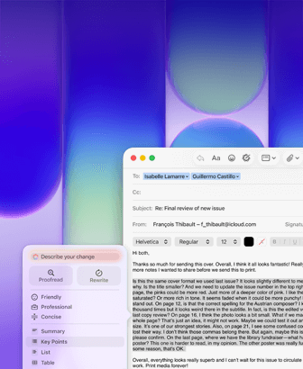 MacBook Neo screen, using Apple Intelligence Writing Tools in Mail to revise a long paragraph in an email containing feedback on a publication