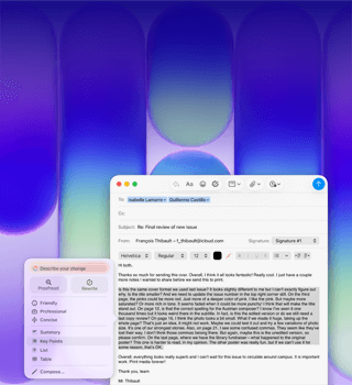 MacBook Neo screen, using Apple Intelligence Writing Tools in Mail to revise a long paragraph in an email containing feedback on a publication