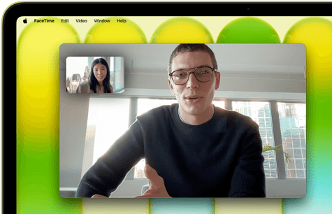 MacBook Neo, citrus colour, video call onscreen, Centre Stage feature keeps user centred in the frame