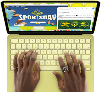 MacBook Neo, citrus colour, hands on keyboard, user is composing an email invitation to the opening of a sport event, website for the event open alongside