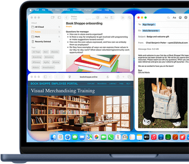 MacBook Neo, indigo colour, screen shows composing a welcome email to new employee of bookstore, other tiled windows contain Notes doc about onboarding and bookstore's employee portal website in Safari