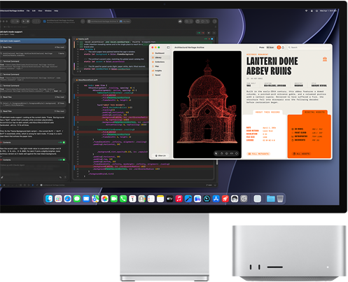 Studio Display XDR, screen shows document in process in Claude Agent in Xcode, Mac Studio, front view