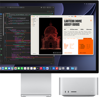 Studio Display XDR, screen shows document in process in Claude Agent in Xcode, Mac Studio, front view