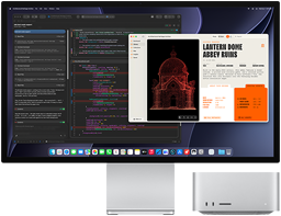 Studio Display XDR, screen shows document in process in Claude Agent in Xcode, Mac Studio, front view