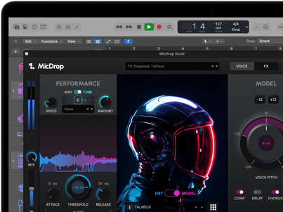 Screen content demonstrating MicDrop software using AI features to edit a vocal recording on a MacBook Pro