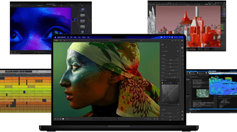 A variety of colourful screen content from music production, video editing, 3D animation, and photo editing apps on Mac, demonstrating powerful graphics performance