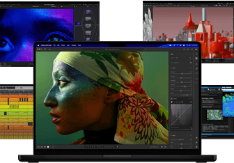 A variety of colourful screen content from music production, video editing, 3D animation and photo editing apps on Mac, demonstrating powerful graphics performance
