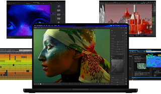 A variety of colourful screen content from music production, video editing, 3D animation and photo editing apps on Mac, demonstrating powerful graphics performance