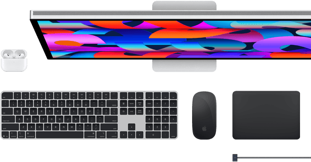 Mac accessories: Airpods, Studio Display, Magic Keyboard, Magic Mouse, Magic Trackpad, MagSafe charge cable in Space Black
