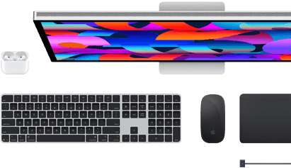 Mac accessories: Airpods, Studio Display, Magic Keyboard, Magic Mouse, Magic Trackpad, MagSafe charge cable in Space Black