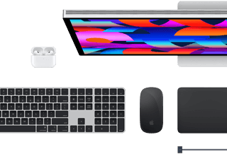 Mac accessories: AirPods, Studio Display, Magic Keyboard, Magic Mouse, Magic Trackpad, MagSafe charge cable in Space Black