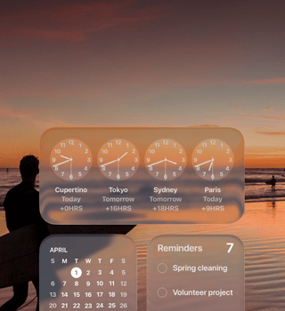 Liquid Glass Clock, Calendar, Reminders and Weather widgets on macOS Tahoe screen over a scene of a surfer walking on the beach at sunset