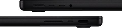 Showing the ports on MacBook Pro — left side: MagSafe 3, two Thunderbolt ports, and headphone jack — right side: SDXC card slot, one Thunderbolt port and HDMI