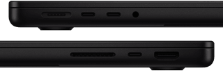 Showing the ports on MacBook Pro — left side: MagSafe 3, two Thunderbolt ports and headphone jack — right side: SDXC card slot, one Thunderbolt port and HDMI