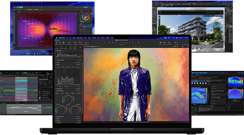 A variety of colourful screen content from music production, graphic design, 3D animation and photo editing apps on Mac, demonstrating powerful graphics performance