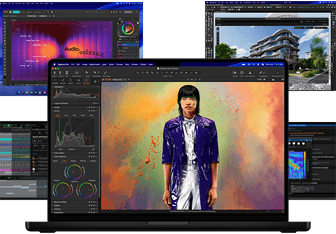 A variety of colourful screen content from music production, graphic design, 3D animation and photo editing apps on Mac, demonstrating powerful graphics performance
