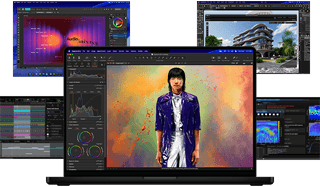 A variety of colourful screen content from music production, graphic design, 3D animation and photo editing apps on Mac, demonstrating powerful graphics performance