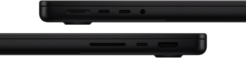 Showing the ports on MacBook Pro — left side: MagSafe 3, two Thunderbolt ports and headphone jack — right side: SDXC card slot, one Thunderbolt port and HDMI