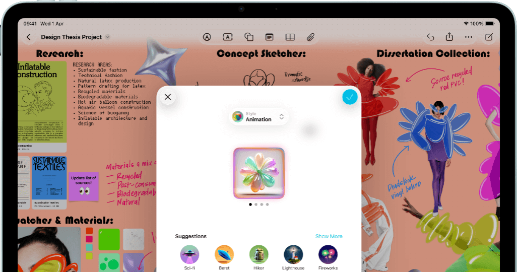 iPad Air, front exterior, landscape orientation, volume-up button, volume-down button, power button, screen displays a colourful app interface with various icons