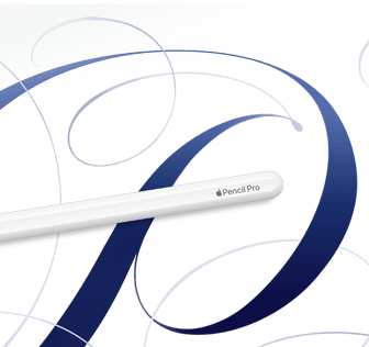 Apple Pencil Pro, white, shown on a white background with blue swirls
