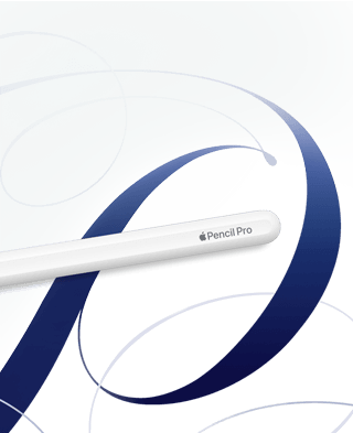Apple Pencil Pro, white, shown on a white background with blue swirls