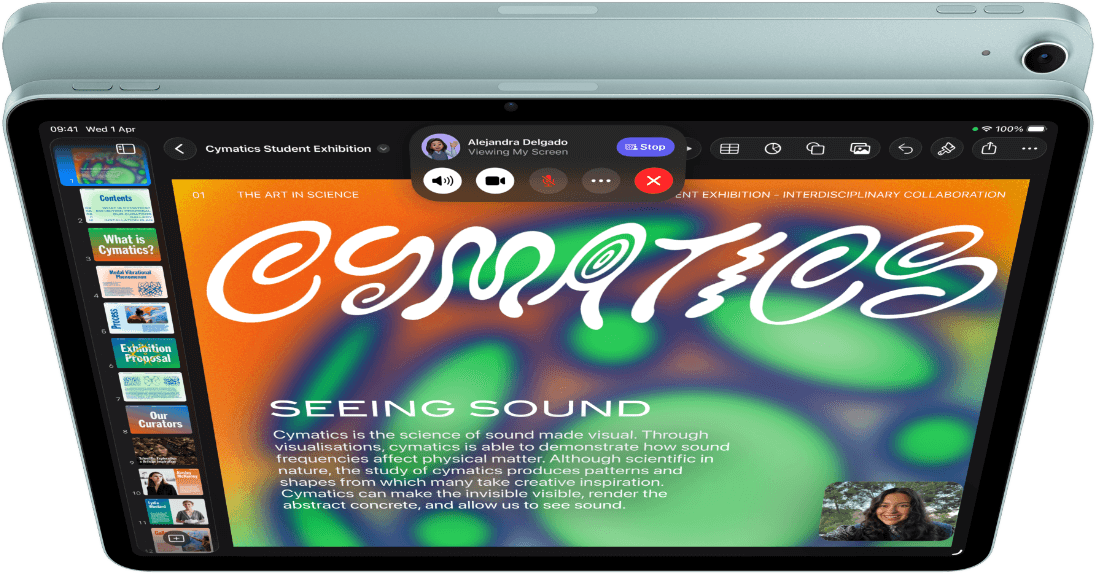 iPad Air, Blue colour, top exterior, screen showing Keynote app on screen sharing feature during FaceTime video call, back exterior, 12MP Wide back camera, volume-up button, volume-down button