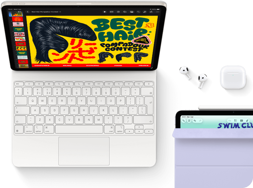 iPad Air, Starlight colour, colourful graphics on screen, attached to Magic Keyboard, Airpods Pro and Apple Pencil Pro accessories