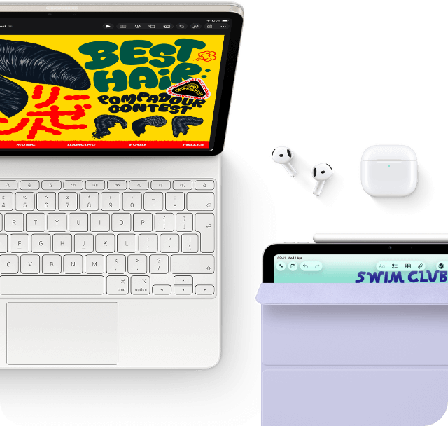 iPad Air, Starlight colour, colourful graphics on screen, attached to Magic Keyboard, Airpods Pro and Apple Pencil Pro accessories