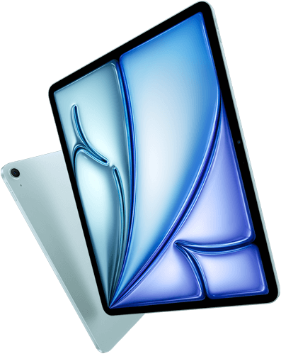 Front angle of 13-inch iPad Air, colourful display on screen, 11-inch iPad Air with back exterior and 12MP Wide back camera