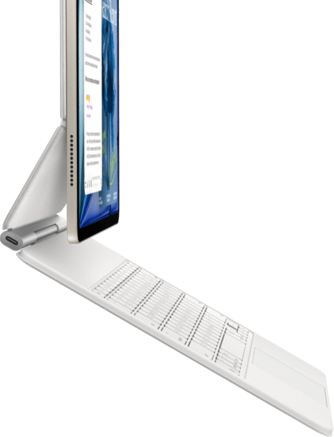 iPad Air, Starlight colour, attached to Magic Keyboard, white colour, side exterior