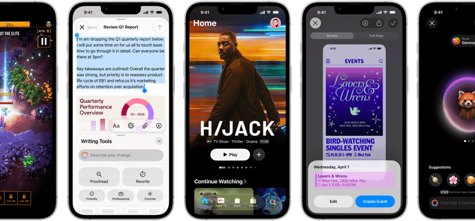 Side-by-side iPhone 17e devices showing different screens: a game being played, Writing Tools, Apple TV app, a calendar event being created, a Genmoji being created