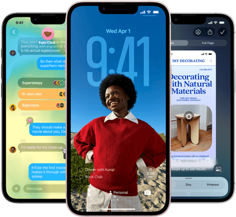 Three iPhone 17e devices, showing Messages app with Liquid Glass design, dynamic Lock Screen, and Apple Intelligence in use