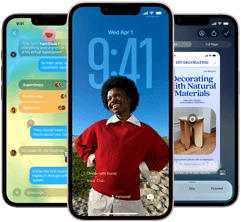 Three iPhone 17e devices, showing Messages app with Liquid Glass design, dynamic Lock Screen, and Apple Intelligence in use