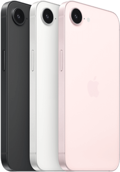 iPhone 17e, side and back exterior, black colour, side and back exterior, white colour, side and back exterior, soft pink colour, Fusion camera at top, side button