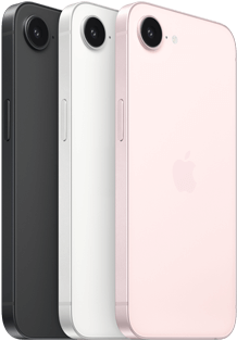 iPhone 17e, side and back exterior, black colour, side and back exterior, white colour, side and back exterior, soft pink colour, Fusion camera at top, side button