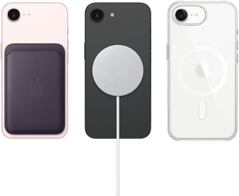 iPhone 17e in soft pink colour with FineWoven Wallet in midnight purple colour, iPhone 17e in black colour with Silicone Case in black colour and MagSafe Charger, iPhone 17e in white colour with Clear Case with MagSafe