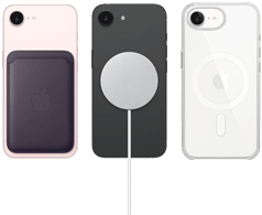 iPhone 17e in soft pink colour with FineWoven Wallet in midnight purple colour, iPhone 17e in black colour with Silicone Case in black colour and MagSafe Charger, iPhone 17e in white colour with Clear Case with MagSafe