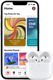 iPhone 17e, front exterior, Apple Music app with Home Screen open, next to AirPods Pro 3 in open MagSafe Charging case