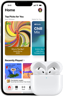 iPhone 17e, front exterior, Apple Music app with Home Screen open, next to AirPods Pro 3 in open MagSafe Charging case