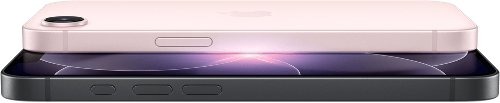 iPhone 17e, horizontal side and back exterior, soft pink colour, iPhone 17e, horizontal side and front exterior, black colour