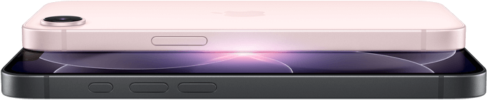 iPhone 17e, horizontal side and back exterior, soft pink colour, iPhone 17e, horizontal side and front exterior, black colour