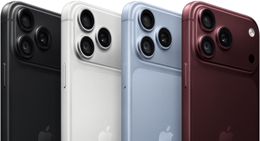 iPhone 18 Pro devices in a row, back exterior, all four colours: Burgundy, Glacier, Silver, Black, Pro Fusion camera system in top left corner, 3 lenses, microphone, flash