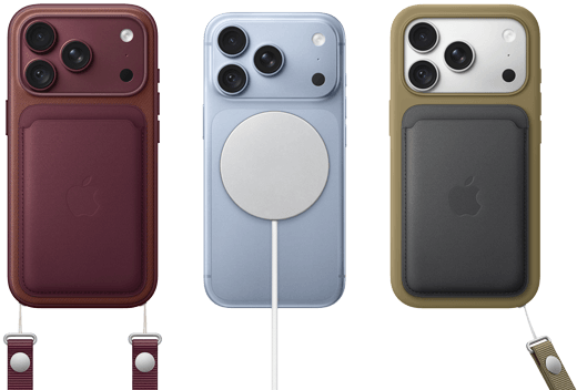 From left to right, iPhone 18 Pro in Burgundy leather case with Burgundy Crossbody Strap, middle iPhone 18 Pro in Glacier with White MagSafe charger attached, right iPhone 18 Pro in Silver in green leather wallet case with wrist strap