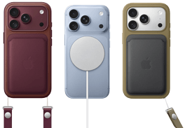 From left to right, iPhone 18 Pro in Burgundy leather case with Burgundy Crossbody Strap, middle iPhone 18 Pro in Glacier with White MagSafe charger attached, right iPhone 18 Pro in Silver in green leather wallet case with wrist strap