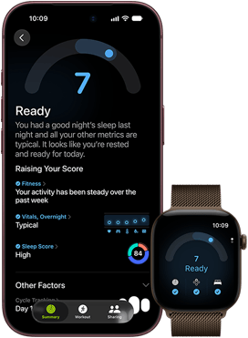 iPhone 18 Pro, black, front exterior, displaying the results of the Readiness status (score of 7), paired with Apple Watch, front facing, brown, displaying the same Readiness score of 7