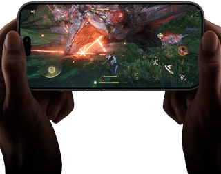 iPhone 18 Pro, front exterior, demonstrating the performance capabilities of the A20 Pro chip with a scene from Monster Hunter Outlanders