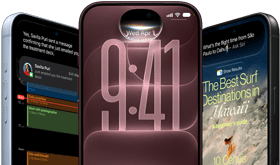 3 iPhone 18 Pro devices in Glacier, Burgundy and Black, front exterior, screens show Siri AI integration in Lock Screen, Message Summary and Ask Siri